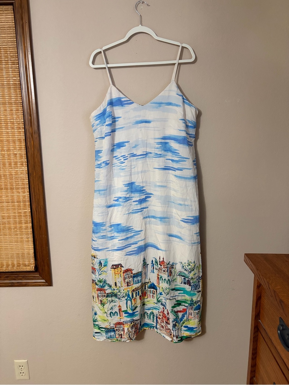 Rachel Zoe Scenic Village Print Slip Dress XL Mediterranean Coastal Landscape